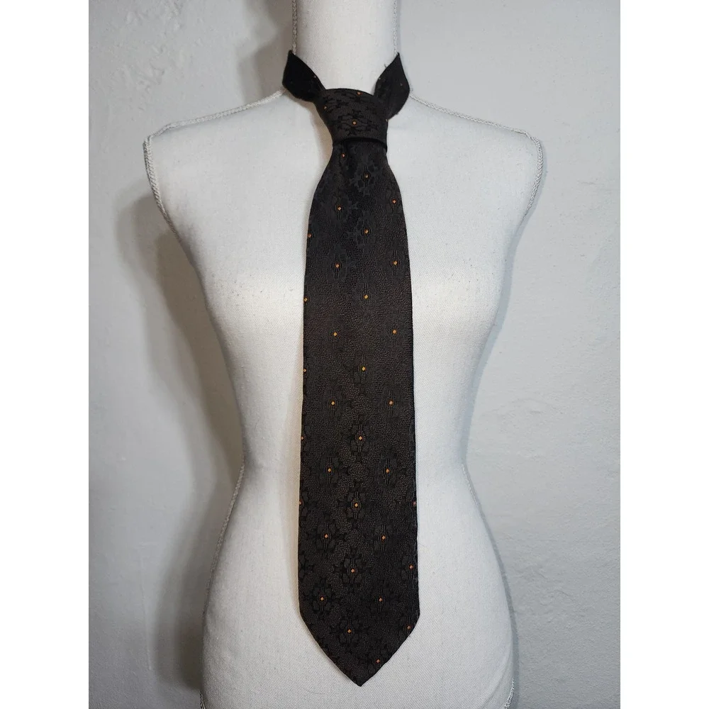 Vintage Necktie Mens One Size Brown golden‎ dot Geometric Jacquard Tie